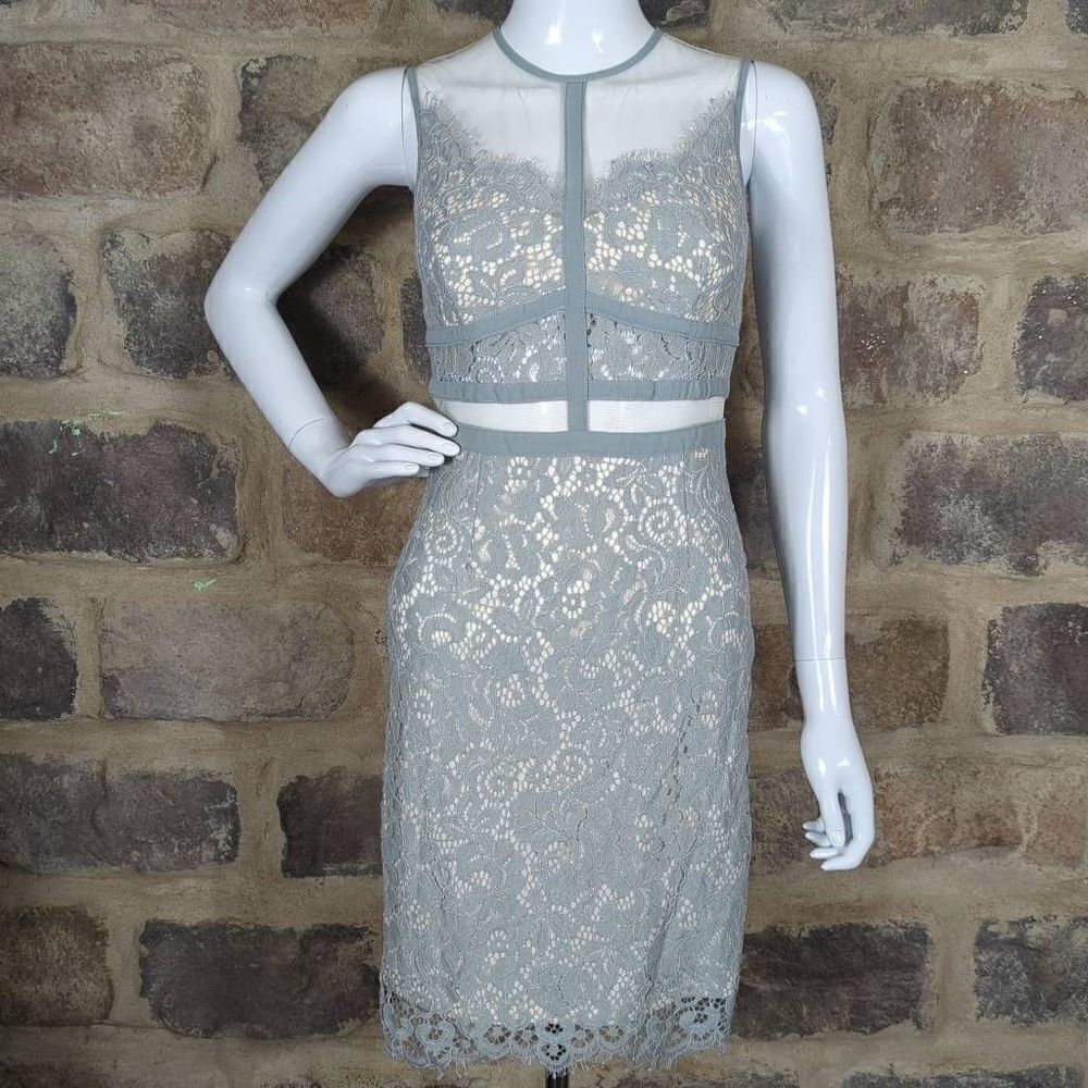 Mystic Los‎ Angeles Sage Grey Lace Illusion Mesh Cocktail Dress Small Coquette